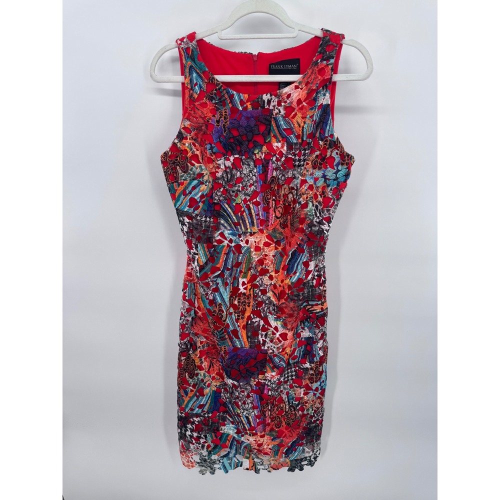 Frank Lyman Sheath Dress  Multi-Color‎ Abstract Lace Cutout Sleeveless Size 6